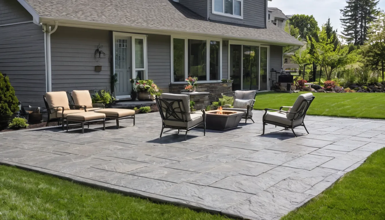 Stamped concrete patio with a slate pattern behind a home in the Lakeville area